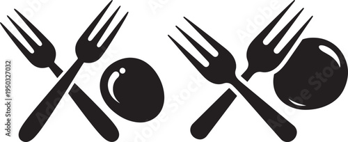 Two black icons of forks crossed with an egg, symbolizing breakfast meal or food preparation, Black And White, Food Symbol, Food Service, Restaurant Icon