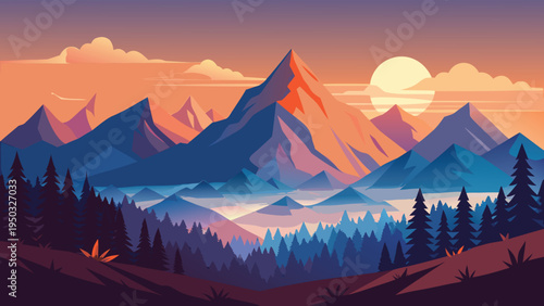 A mountain range with trees and a sun in the background