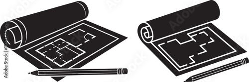 Two black icons of rolled blueprints with pencils, symbolizing architecture, planning, or construction, Black And White, Architecture Icon, Real Estate, Home Design
