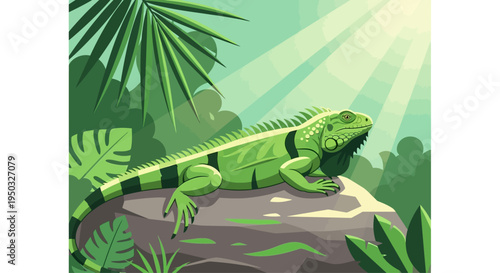 Green Iguana Basking in Sunlit Jungle with Lush Foliage