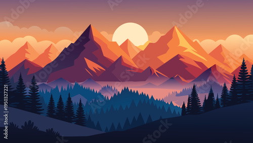 A mountain range with trees and a sun in the background
