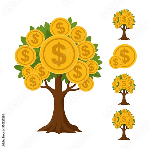 Money Tree with Gold Coins and Dollar Signs - Financial Growth Concept
