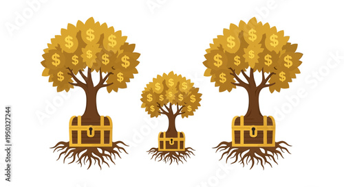 Money Tree Growth: Treasure Chests Sprouting Golden Dollar Coins