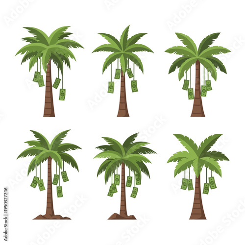 Money Tree Illustration: Palm Trees Laden with Cash Bills for Financial Growth and Wealth Concept