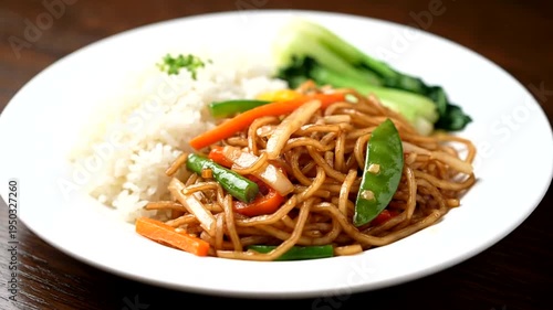 Delicious stir-fried noodles with vegetables and rice.