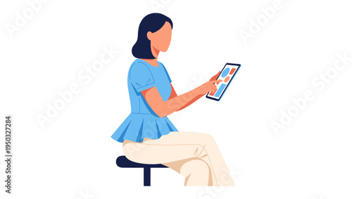 Woman using Tablet: A woman sits, intently focused on a tablet, engaging with information, data, or possibly entertainment, symbolizing modern interaction and tech-driven engagement.