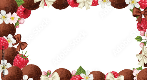 A digital illustration of a decorative border featuring chocolate truffles, raspberries, and flowers on a white background.