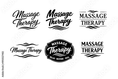 Collection of elegant massage therapy logos with decorative waves