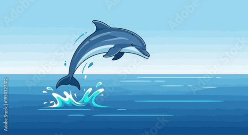 Playful Dolphin Leaping from Blue Ocean Water, Splashing Waves, Clear Sky