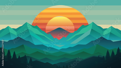 Sunset over a mountain range with trees