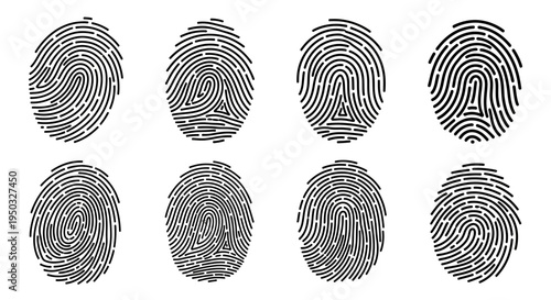 Set of 8 Black Fingerprint Icons on White Background - Identity, Security, Biometrics
