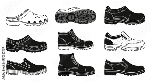 Set of Black and White Shoe Silhouettes: Clogs, Boots, and Slip-ons