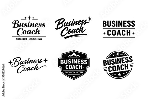 Set of business coach logos featuring stars, mountains, and unique typography