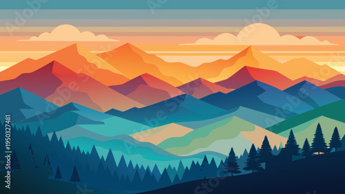 Sunset over a mountain range with trees in the foreground