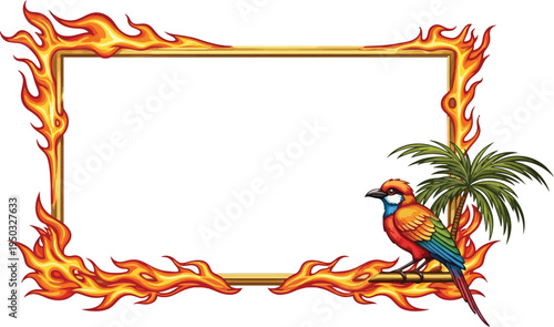 A vibrant bird perches on a palm tree beside a fiery frame on a white background.