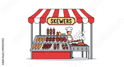 Street food stall selling skewers and grilled meats with a chef cooking