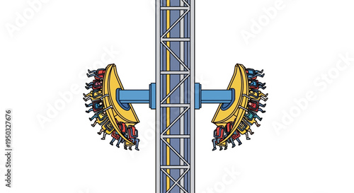 Thrill Ride Amusement Park Drop Tower with People Enjoying the Ride