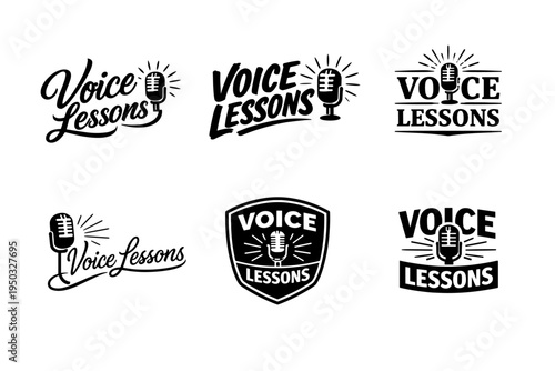 Voice lessons logos with microphone designs for music and singing education