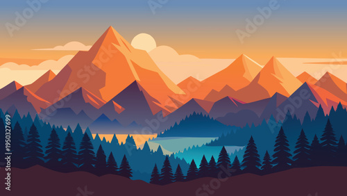 A mountain range with a lake and trees