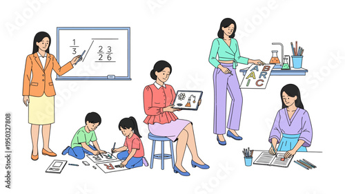 Teacher's teaching scene: Educators engaging children with various teaching styles.