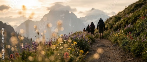 Group Of Hikers Trekking Through Blooming Wildflowers On A Mountain Trail At Sunset