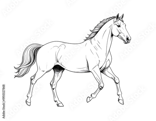 Elegant equine illustration featuring a horse in motion, rendered in shades of black and white