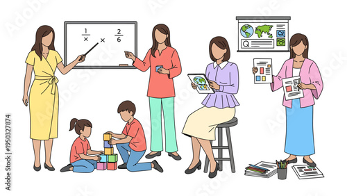 Educators and Children in Educational Environment: A scene that captures the essence of education, teachers interacting with students, fostering a learning environment.