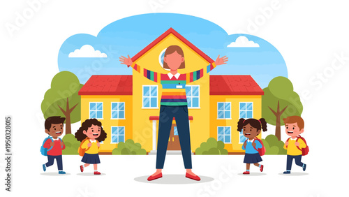 A Beacon of Learning: A welcoming instructor embraces a group of young learners with open arms, standing before the symbol of education, the school.