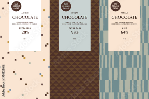Set of seamless patterns for chocolate packaging with artisan label design templates. Confectionery branding. Wrapping paper