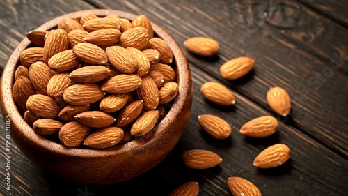 A bowl of almonds on a wooden table.
