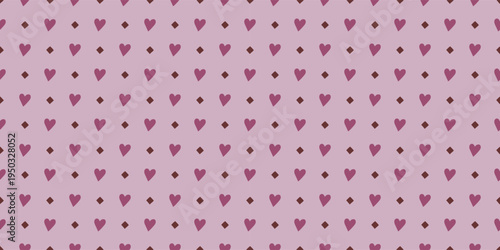 Seamless geometric pattern with hand drawn hearts and diamond shapes on lavender background. Repeat tile for textile and wallpaper