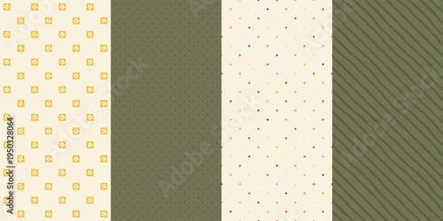 Countryside seamless patterns set with tiny flowers, polka dots, and hand-drawn stripes in olive green and cream tones. Decorative wrapping paper and textile backgrounds