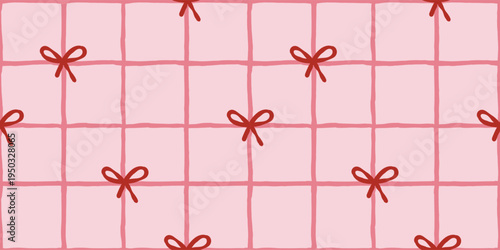 Seamless geometric grid pattern with hand drawn bows and square check lines on pink background. Repeat tile for textile and wallpaper