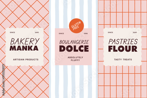 Bakery packaging design templates with seamless patterns, hand-drawn grids and stripes, and artisan labels for bread and pastry brands.