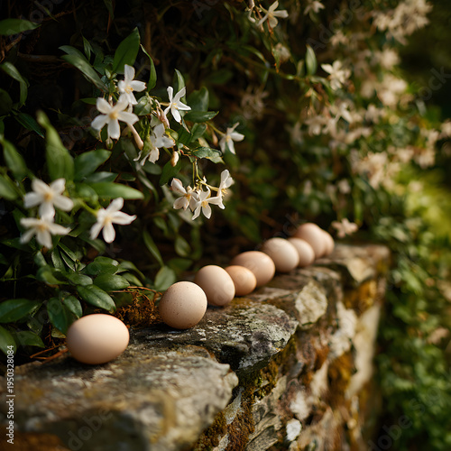 A row of eggs sitting on a rustic stone garden wall with a background of a blooming jasmine vine. - Image #2 @Ai content creator