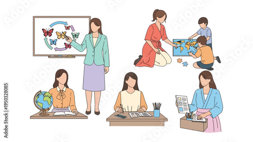 Education Illustration: Capturing the essence of education, this illustration showcases various scenarios of learning and teaching, from lesson in classroom to group interaction.