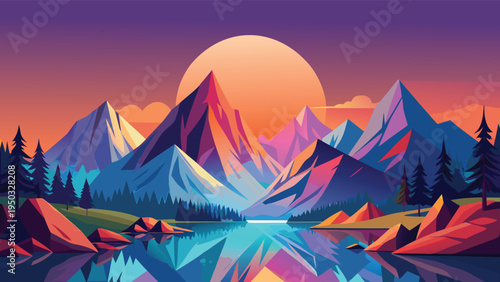 A colorful mountain range with a lake and trees