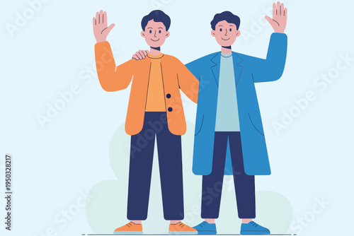 Two smiling men waving cheerfully showcasing a friendly and welcoming gesture