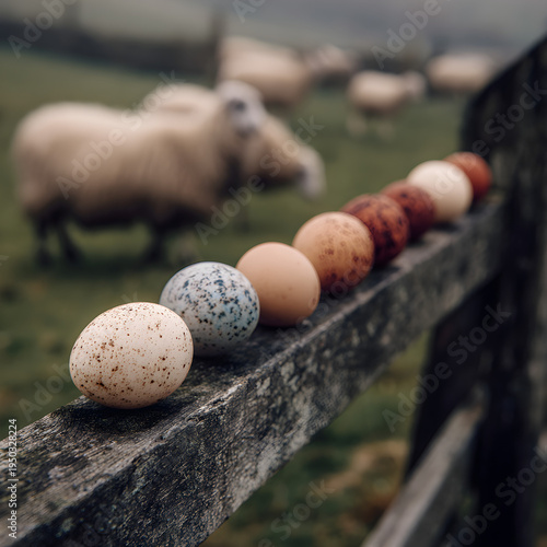A row of eggs sitting on a rustic wooden fence rail with a blurred background of grazing sheep. - Image #1 @Ai content creator