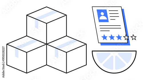 Three stacked shipping boxes alongside a customer review card with a five-star rating and a lemon slice. Ideal for ecommerce, packaging, shipping, product review, feedback, rating analysis