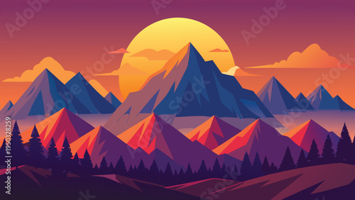 A mountain range with trees and a sun in the background