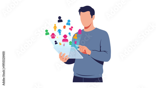 Digital Connection: An illustration of a person engaging with a digital device, symbolizing the concept of online networking and connection. 