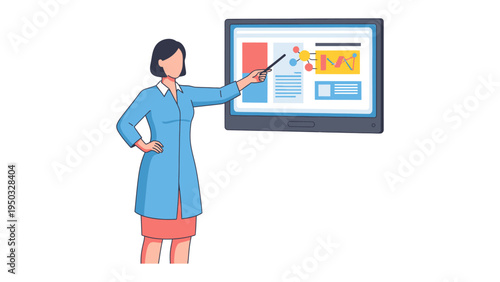 Data Presentation: A professional woman with confidence, standing next to a display of charts and data, passionately delivering an informative business presentation, with an elegant poise.