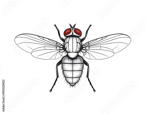 Fly illustration. Overhead view of detailed insect with red eyes and translucent wings, isolated on white backdrop