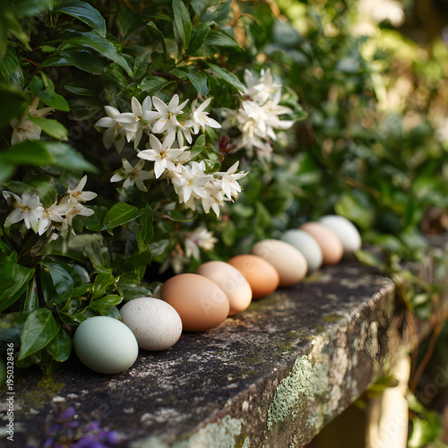 A row of eggs sitting on a garden ledge with a background of a blooming jasmine vine. - Image #2 @Ai content creator
