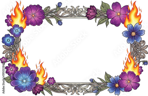 A vibrant floral wreath with purple and blue flowers and flames on a white background