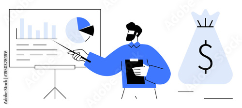 Male professional using graphs and charts to explain financial data. Includes money bag icon representing profit. Ideal for business analysis, presentation templates, finance management, budgeting