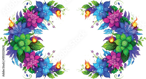 A vibrant floral wreath with colorful flowers and leaves on a white background