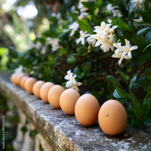 A row of eggs sitting on a garden ledge with a background of a blooming jasmine vine. - Image #1 @Ai content creator