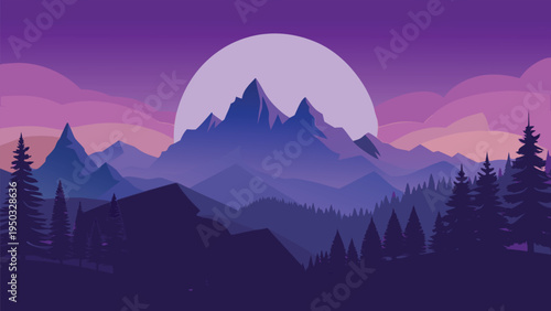 A purple mountain landscape with a large moon